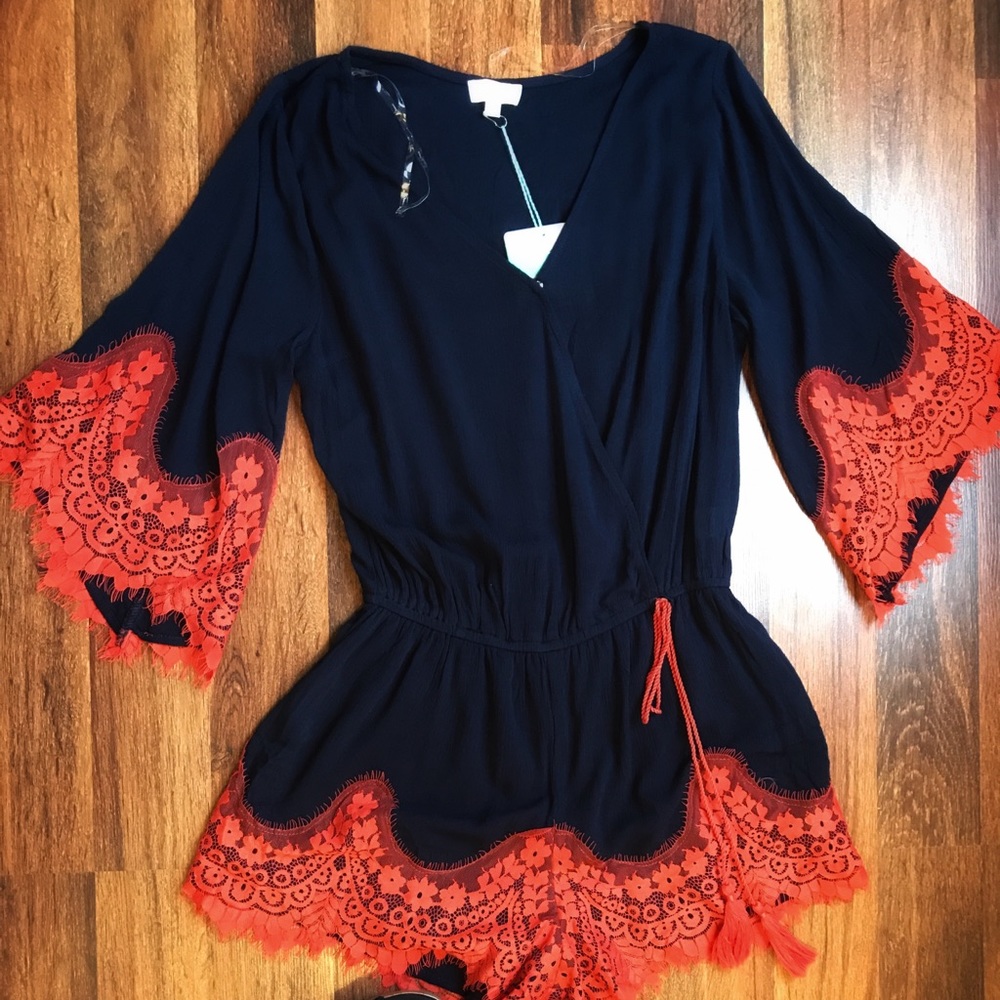 Navy and orange lace romper